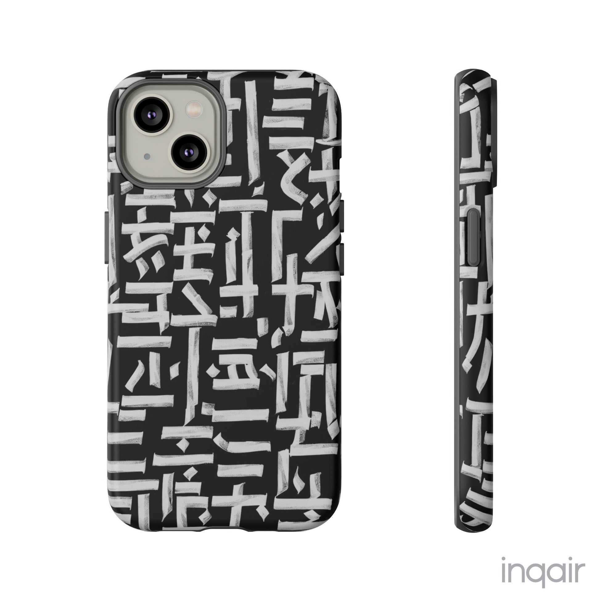 Black phone case with white calligraphy-inspired design, featuring intricate, modern artistic patterns. Suitable for iPhone and Samsung models, this stylish phone accessory protects your device while adding a touch of elegance and creativity.