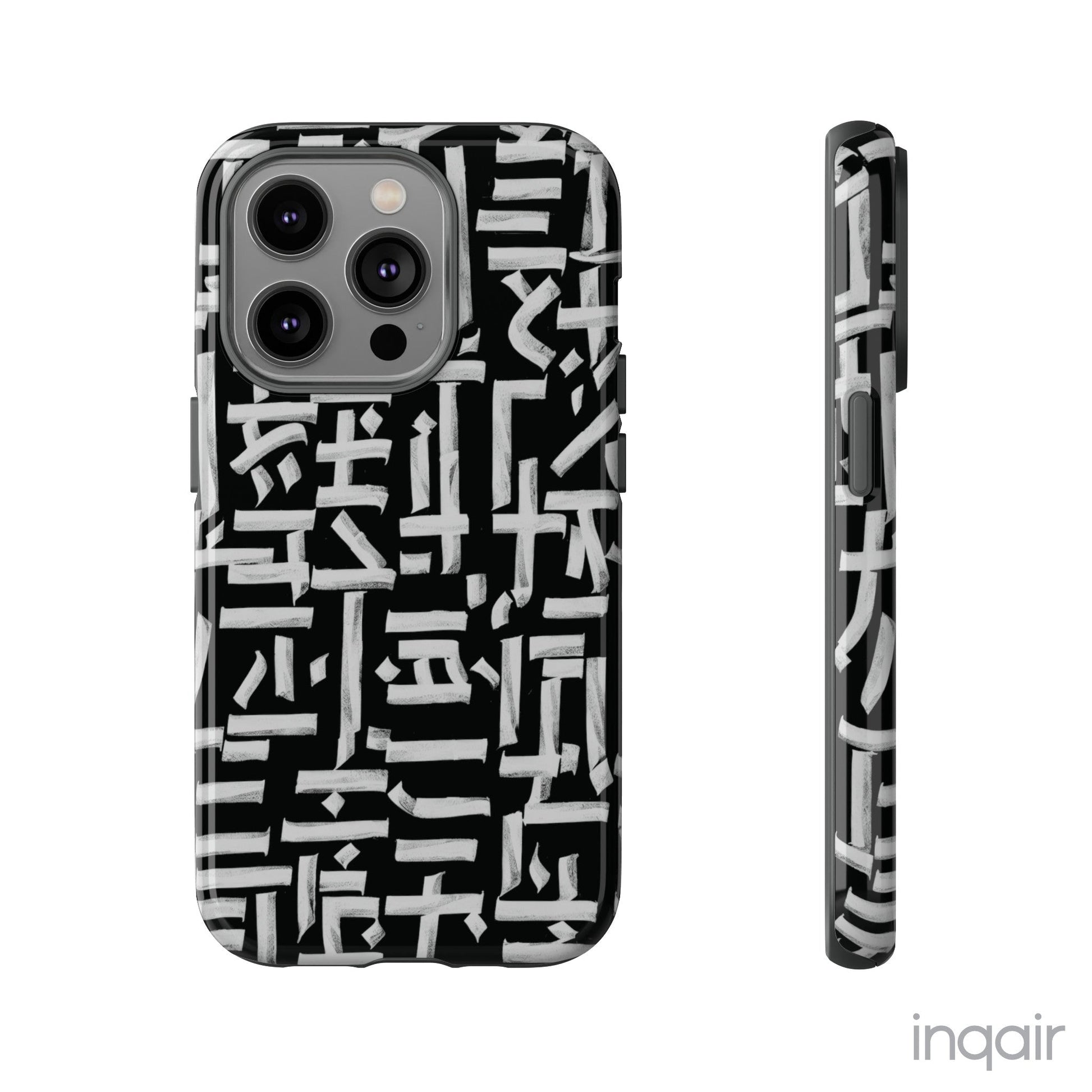 Black phone case with white calligraphy-inspired design, featuring intricate, modern artistic patterns. Suitable for iPhone and Samsung models, this stylish phone accessory protects your device while adding a touch of elegance and creativity.