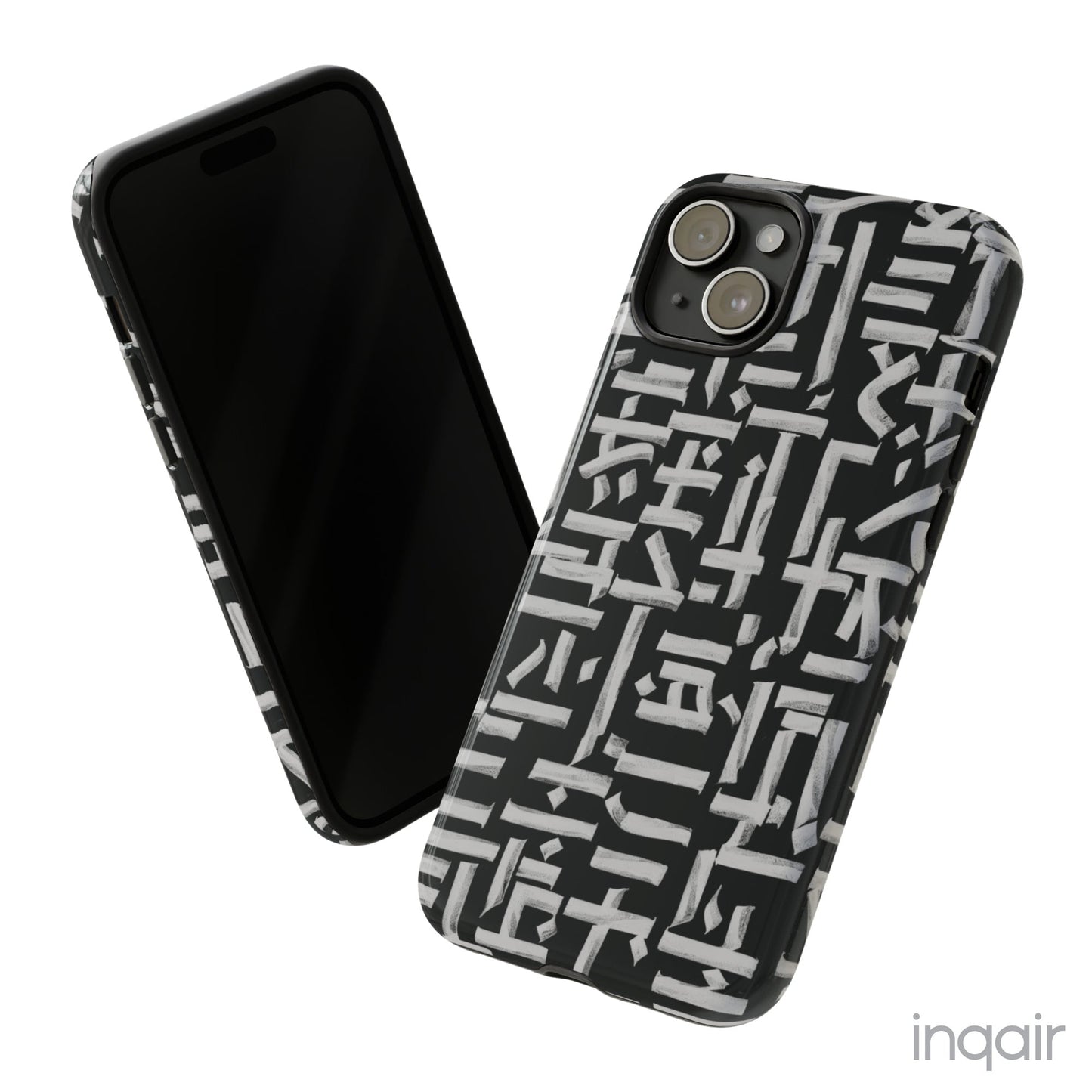 Black phone case with white calligraphy-inspired design, featuring intricate, modern artistic patterns. Suitable for iPhone and Samsung models, this stylish phone accessory protects your device while adding a touch of elegance and creativity.