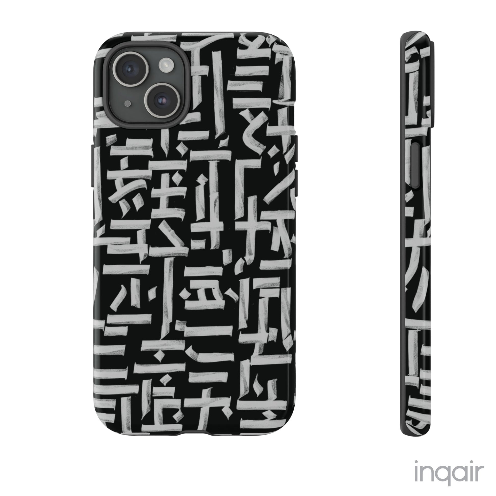 Black phone case with white calligraphy-inspired design, featuring intricate, modern artistic patterns. Suitable for iPhone and Samsung models, this stylish phone accessory protects your device while adding a touch of elegance and creativity.