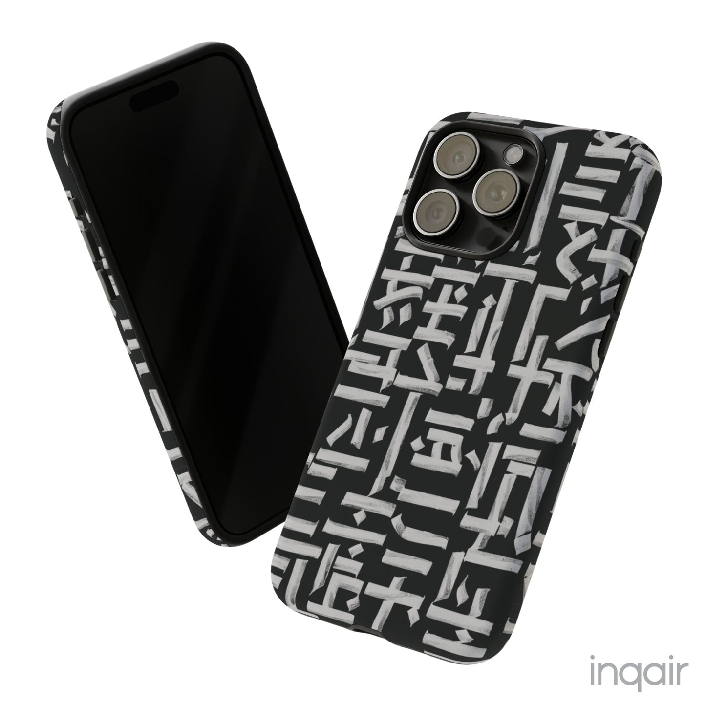 Black phone case with white calligraphy-inspired design, featuring intricate, modern artistic patterns. Suitable for iPhone and Samsung models, this stylish phone accessory protects your device while adding a touch of elegance and creativity.