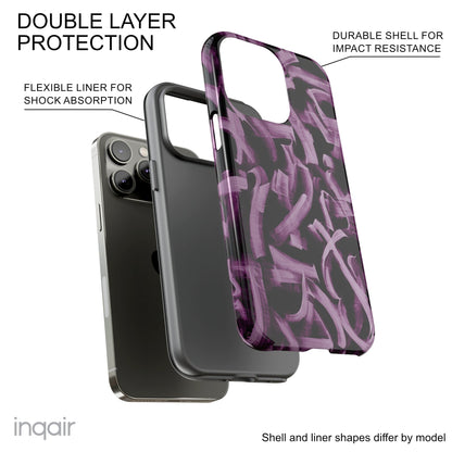 Black phone case with artistic purple brush stroke design compatible with iPhone and Samsung models, stylish and durable protective cover.