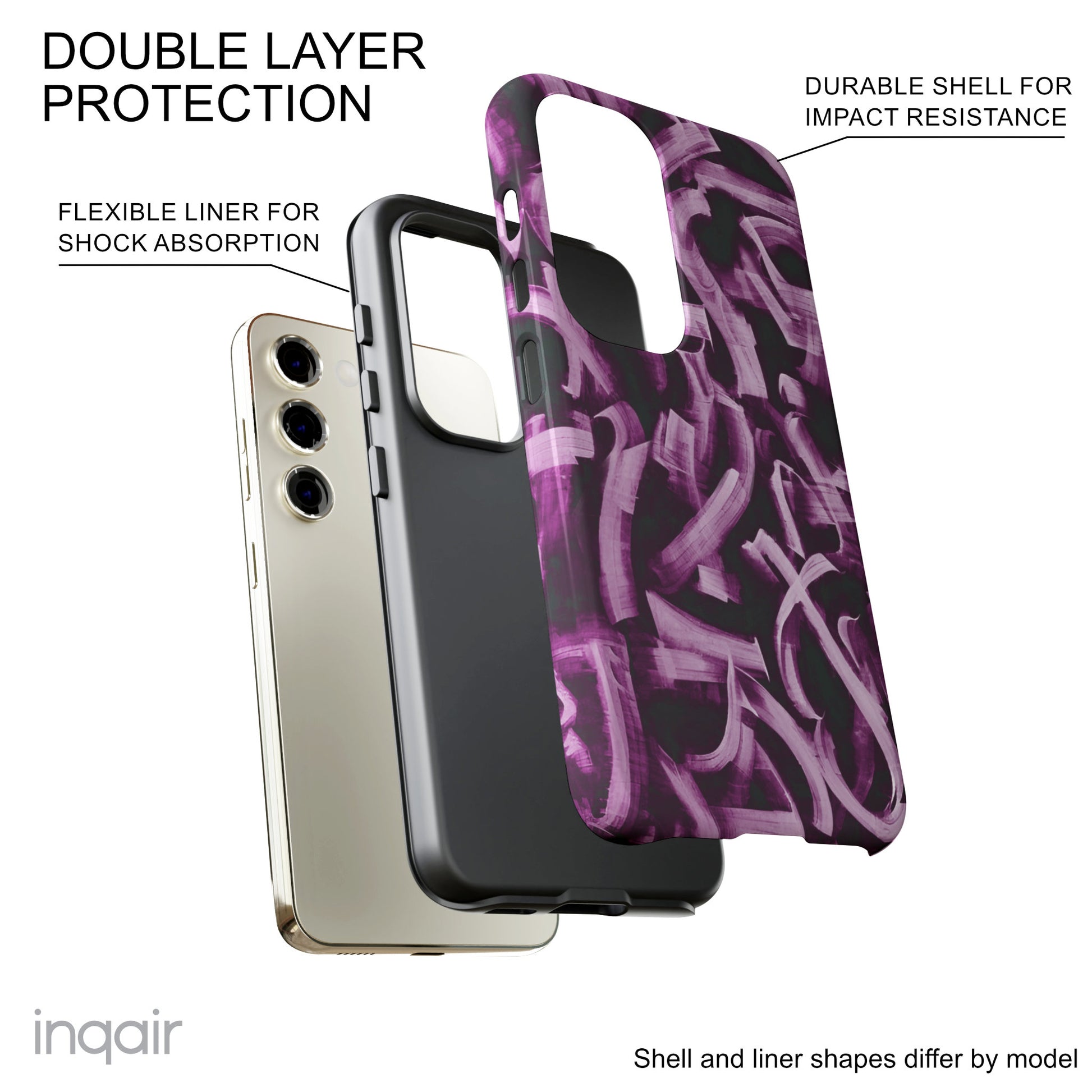 Black phone case with artistic purple brush stroke design compatible with iPhone and Samsung models, stylish and durable protective cover.